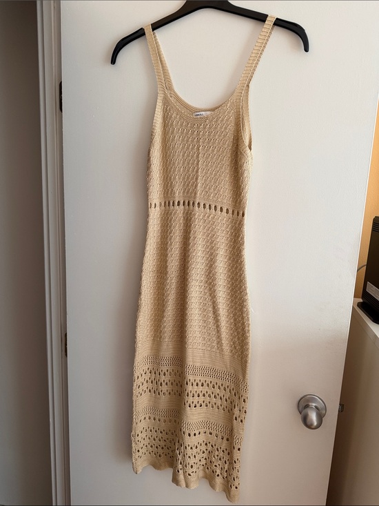 MIHOLL Dresses & Skirts - Beige Knit Midi Dress with Crochet Details Beach Wear